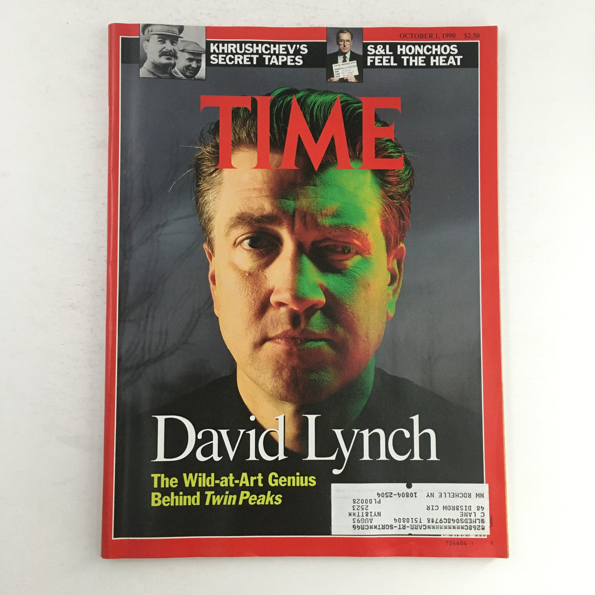 Cover of Time Magazine from October 1, 1990, featuring David Lynch, titled 'The Wild-at-Art Genius Behind Twin Peaks'. Highlights include references to Khrushchev and S&L Honchos, with a striking portrait of Lynch.