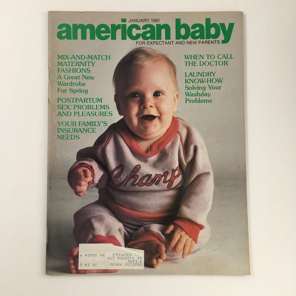 Cover of American Baby Magazine January 1981 featuring a baby in a 'Champ' outfit. The magazine discusses family insurance needs among other parenting topics.