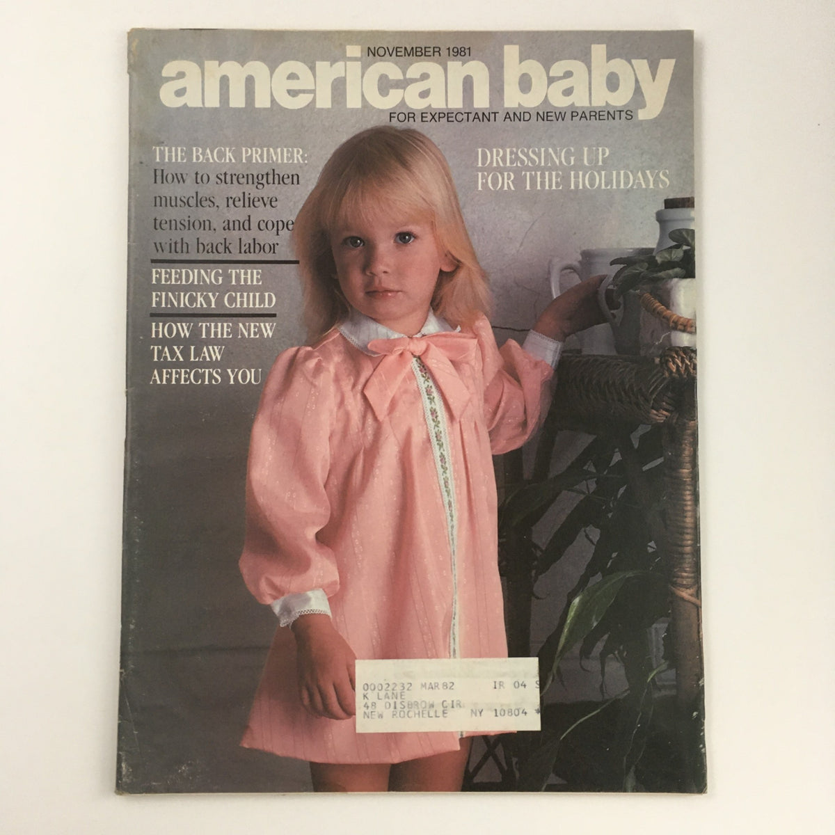 Cover of American Baby Magazine November 1981 featuring a young child in a pink dress. The issue focuses on parenting topics like 'Feeding the Finicky Child' and 'The Back Primer,' making it a valuable collectible for vintage magazine enthusiasts.