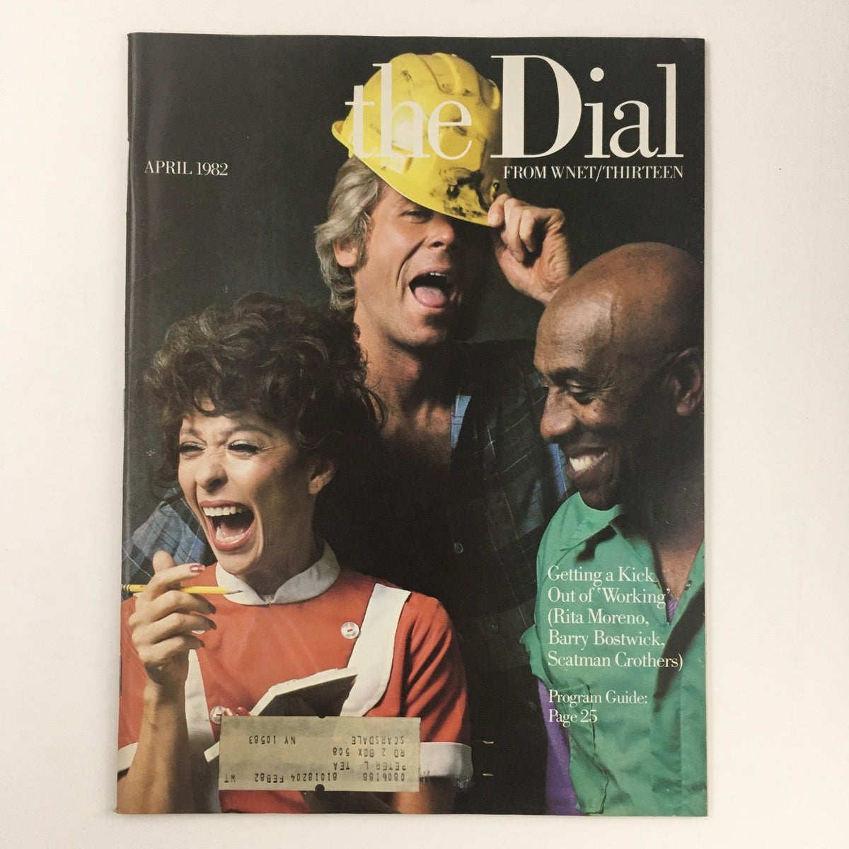Cover of Dial Magazine April 1982 featuring Rita Moreno, Barry Bostwick, and Scatman Grothers in a playful pose, showcasing the vibrant entertainment culture of the early '80s.