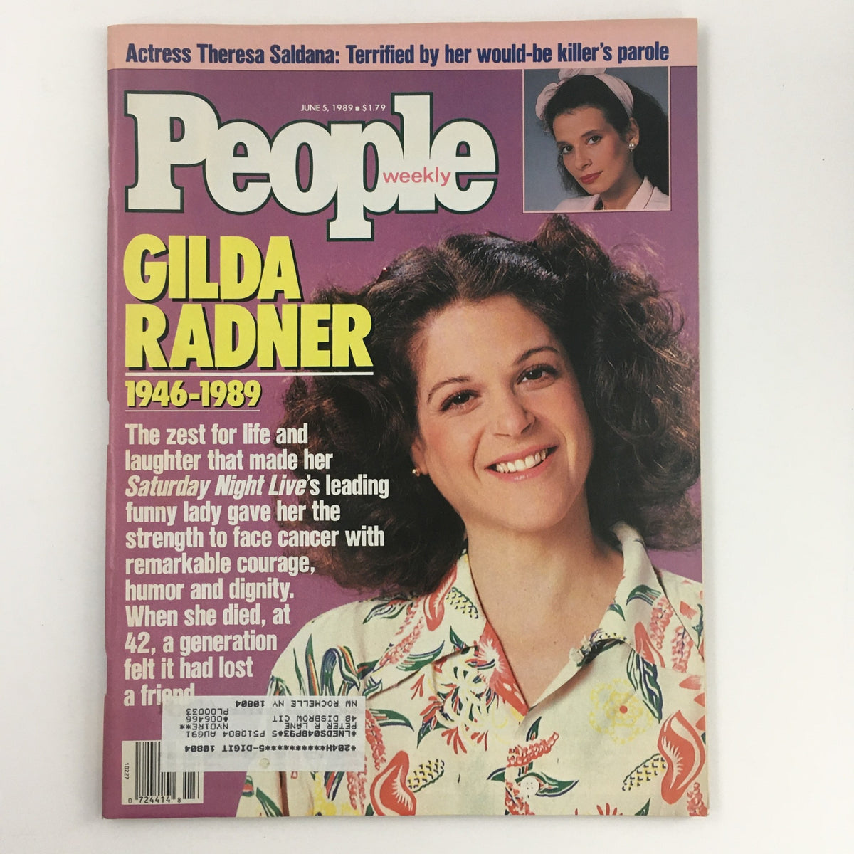 People Weekly Magazine June 1989 cover featuring Gilda Radner, highlighting her contributions to Saturday Night Live, along with an inset photo of actress Theresa Saldana, with the text celebrating Gilda's life and legacy.