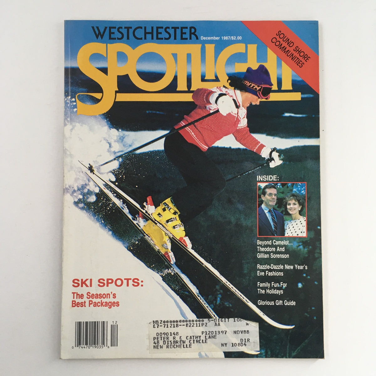Spotlight Magazine December 1987 cover featuring a skier and the title 'Beyond Camelot' with images of Theodore and Gillian Sorenson.