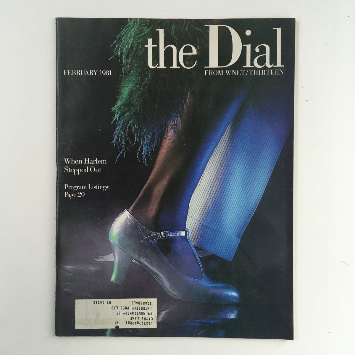 The Dial Magazine February 1981 issue featuring the theme 'When Harlem Stepped Out,' showcasing a striking visual of a shoe and vibrant colors, highlights program listings, and is in very good condition.