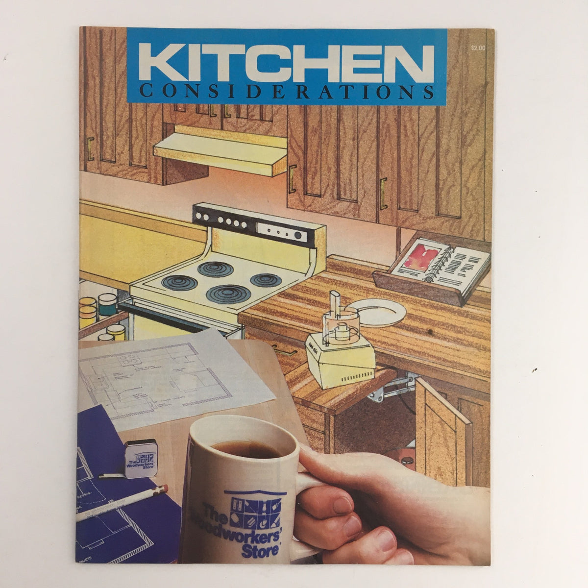 Cover of Kitchen Considerations Magazine featuring The Woodworker's Store, showcasing a kitchen design illustration and a coffee cup.