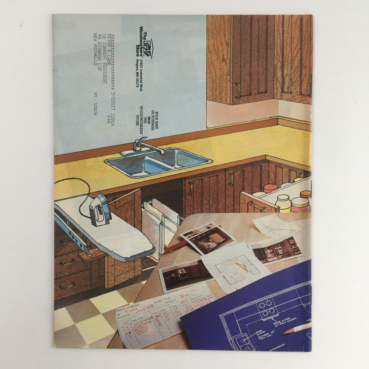Back cover of Kitchen Considerations Magazine featuring kitchen plans and design sketches with a layout and tools.