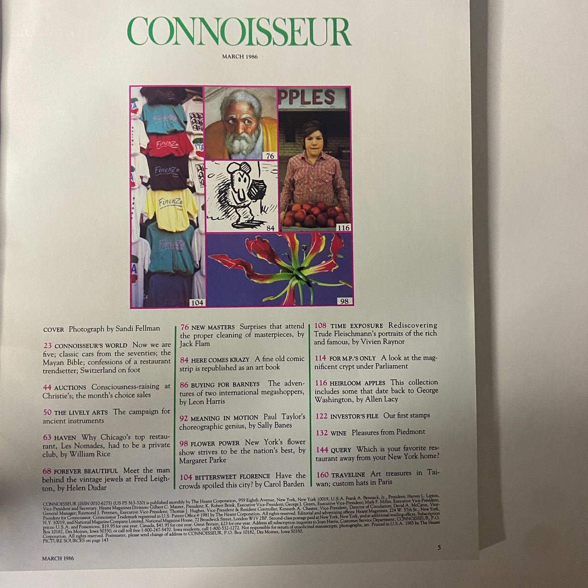 Interior page of Connoisseur Magazine March 1986 displaying the table of contents including featured articles such as 'Forever Beautiful' and 'Heirloom Apples,' reflecting the magazine's focus on fine jewelry and art.