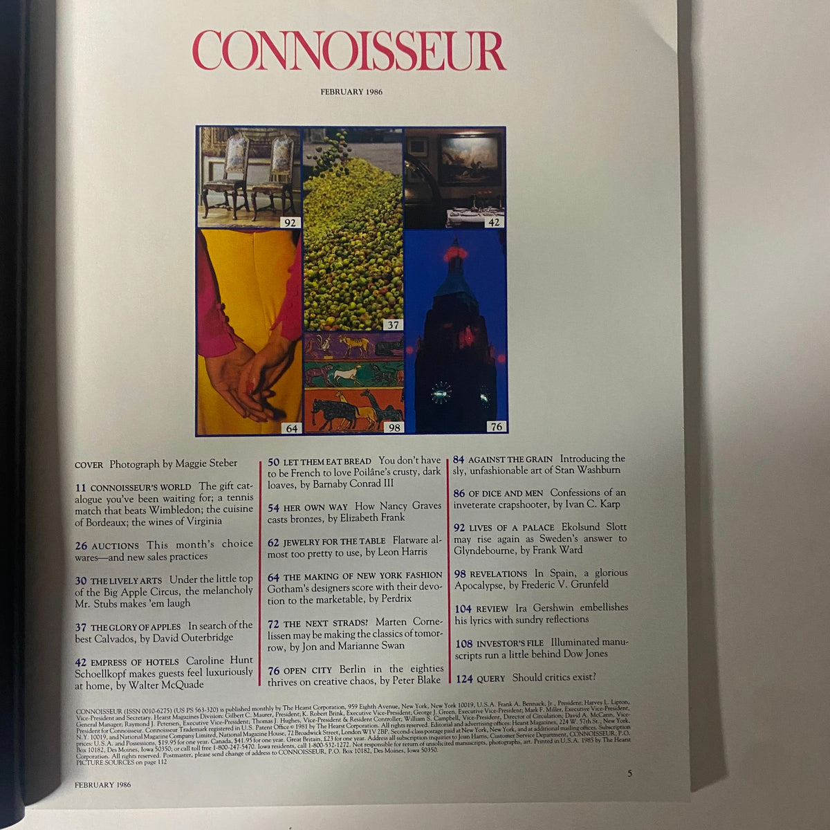 Interior page of Connoisseur Magazine February 1986 displaying the table of contents, featuring articles such as 'Let Them Eat Bread' and 'The Making of New York Fashion'.
