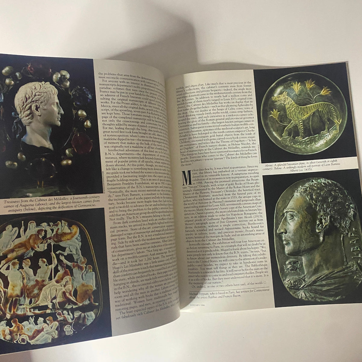 Interior pages from Connoisseur Magazine January 1986 displaying articles on antique treasures, featuring detailed images of historical sculptures and artifacts, encapsulating the allure of French culture.