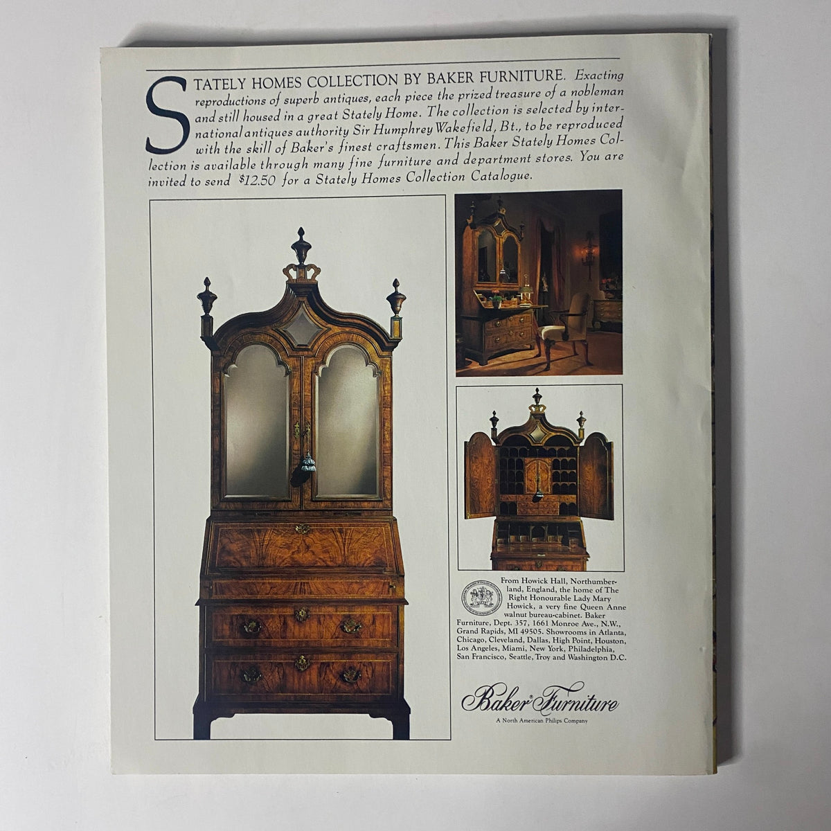 Advertisement page from Connoisseur Magazine January 1986 for Baker Furniture's Stately Homes Collection. The page outlines intricately designed furniture pieces alongside a call to action for a catalog.