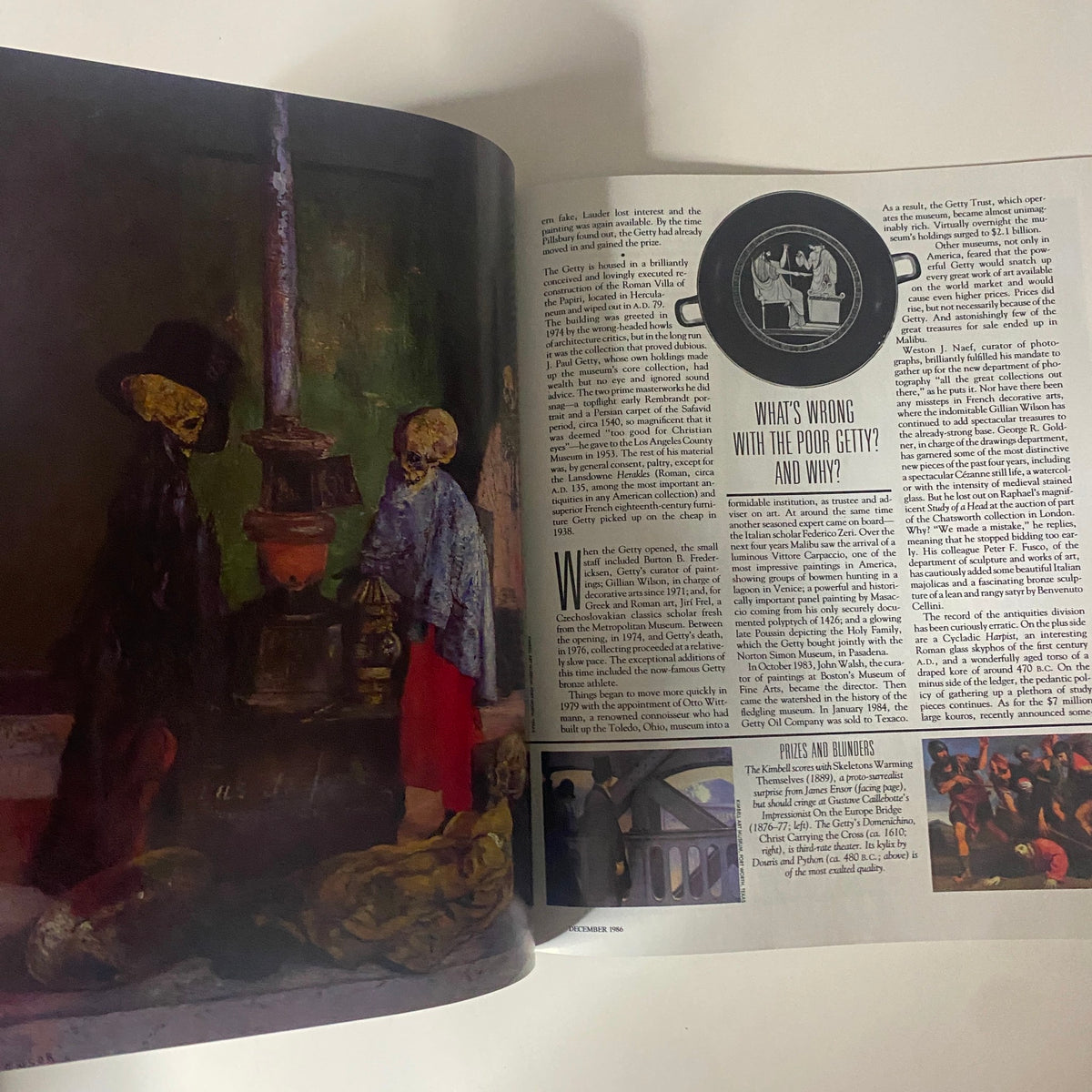 Connoisseur Magazine December 1986 - Interior page with artwork and article discussing the Getty Museum and its cultural significance.