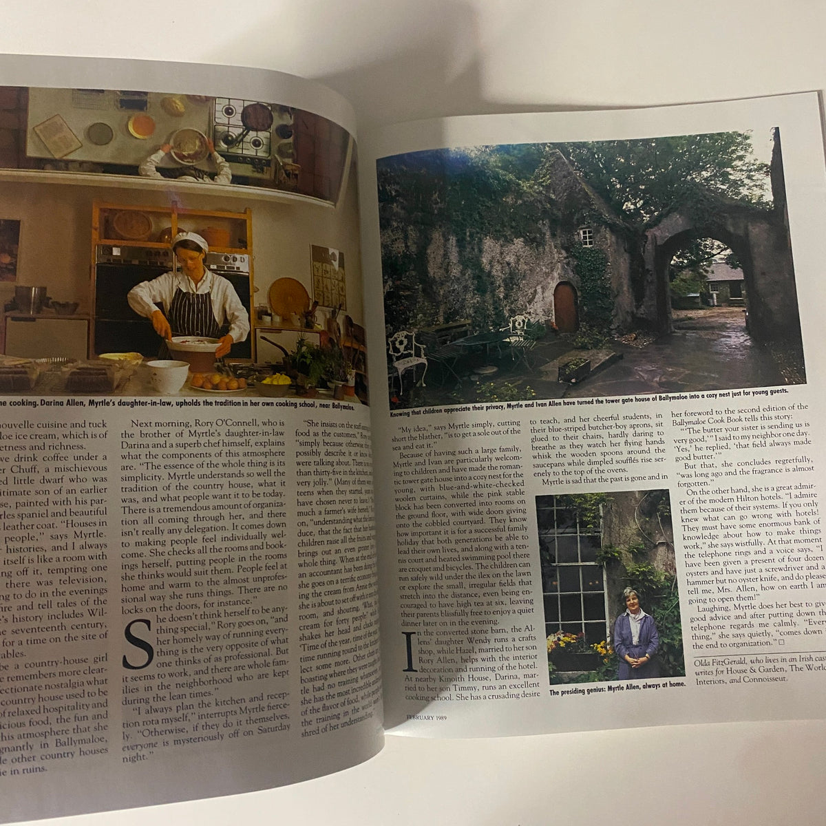 Interior page of Connoisseur Magazine February 1989 featuring a cooking school scene with Darina Allen. Showcases tradition in culinary practices in an inviting kitchen environment.