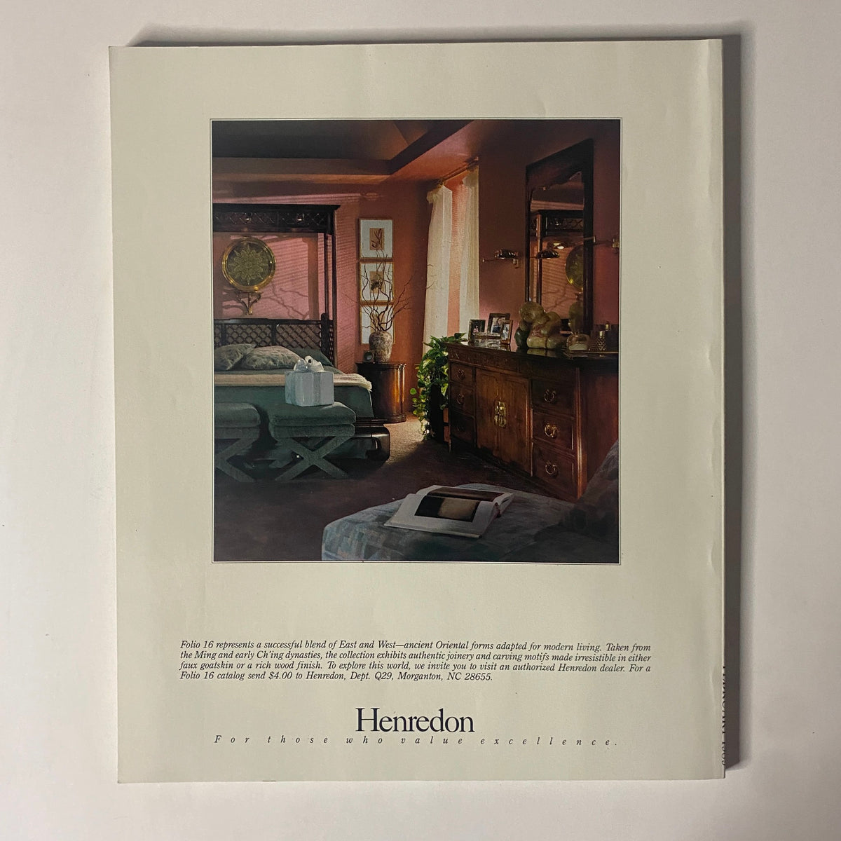 Advertisement from Connoisseur Magazine February 1989 for Henredon, highlighting a beautifully styled bedroom with Eastern design influences and elegant furnishings.