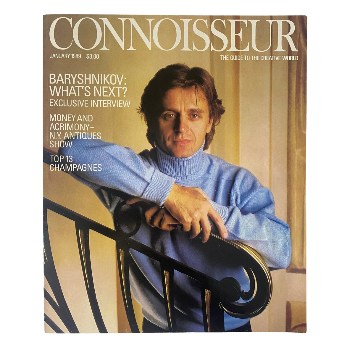 Cover of Connoisseur Magazine from January 1989 featuring Mikhail Baryshnikov, showcasing the title and contents highlighting exclusive interviews, cultural topics, and elegant imagery.