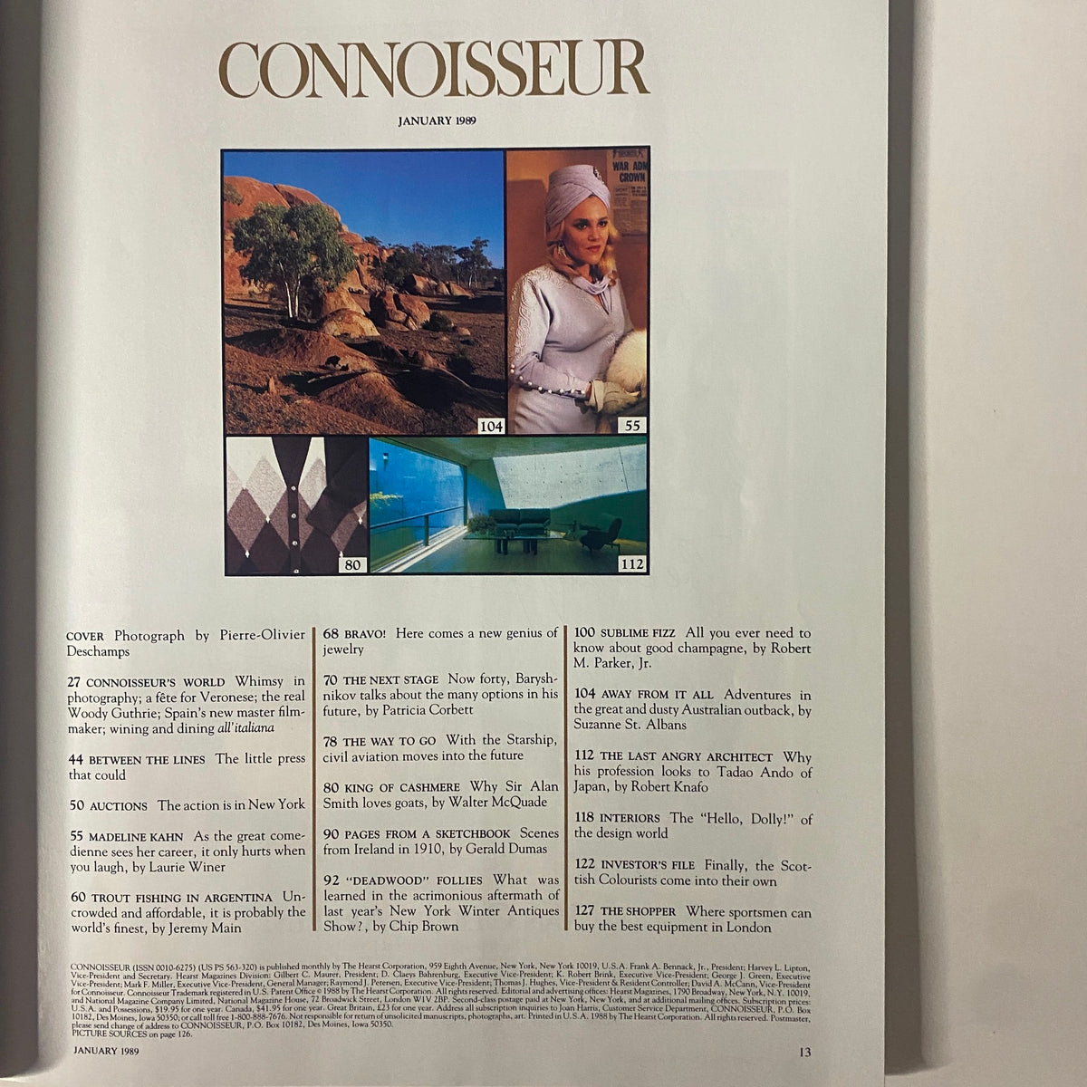 Contents page of Connoisseur Magazine January 1989, listing featured articles including an interview with Mikhail Baryshnikov and various cultural topics, surrounded by visually engaging images.