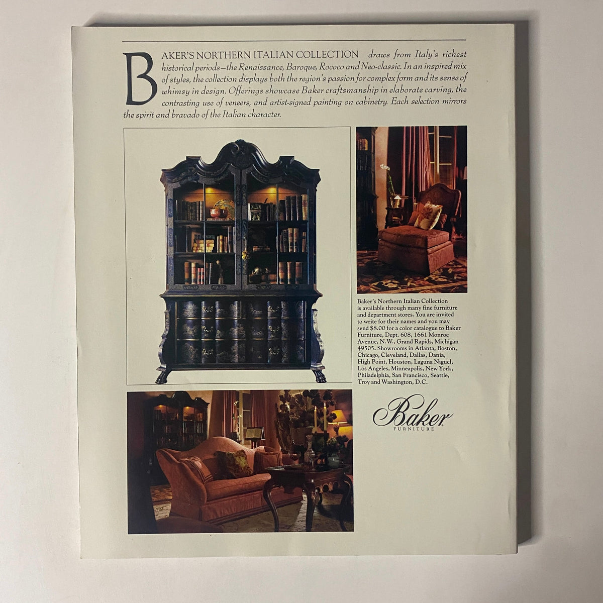 Baker's Northern Italian Collection showcased in vintage advertisement featuring intricate furniture designs. Highlights include a detailed bookshelf with books and a cozy sofa, representing elegance and craftsmanship. Connoisseur Magazine January 1989 Mikhail Baryshnikov No Label VG.
