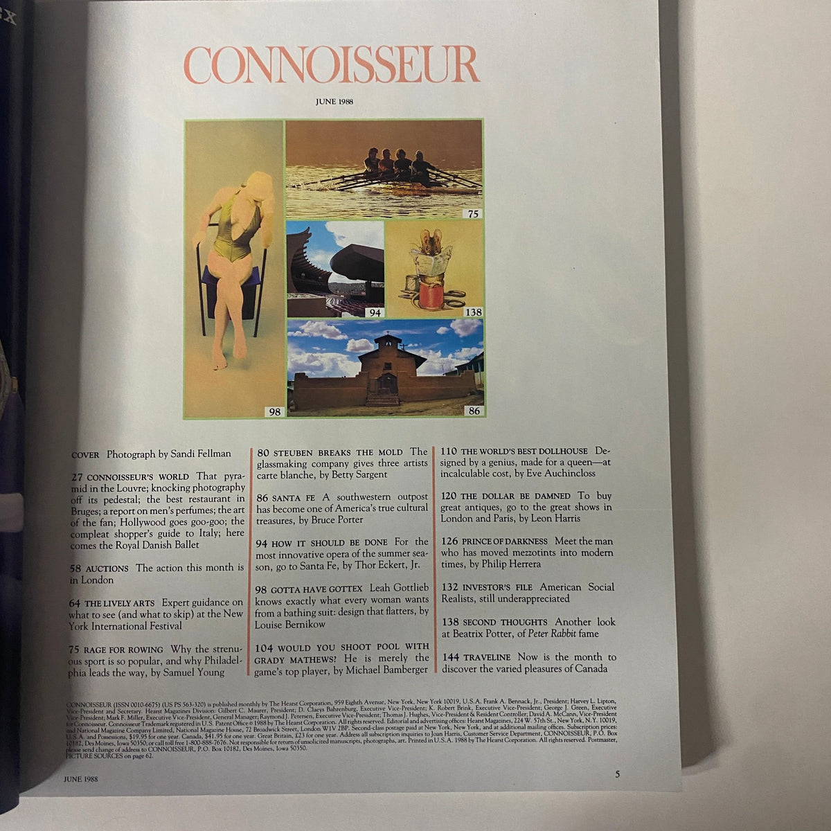 Table of contents page from the June 1988 issue of Connoisseur Magazine, outlining articles and features including Santa Fe's cultural treasures and immersive arts topics.