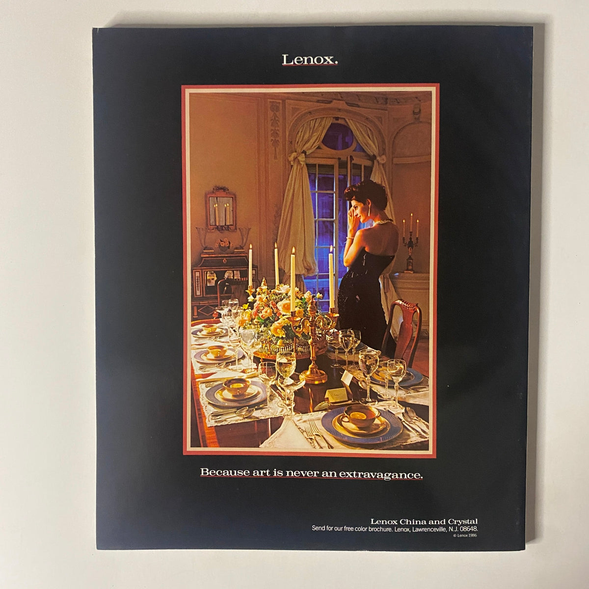 Advertisement page from Connoisseur Magazine June 1988 for Lenox China and Crystal, featuring an elegant dining setting with candles and flowers, highlighting art and design.