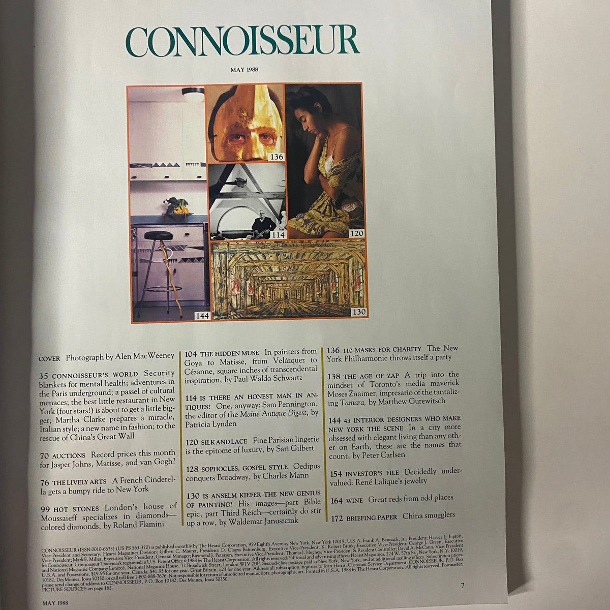 Interior page of Connoisseur Magazine May 1988 displaying various articles and photographs including fashion, antiques, and art, highlighting the vintage aesthetic of the publication.