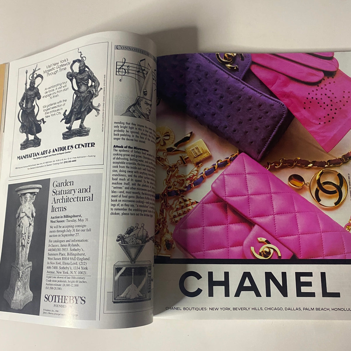 Connoisseur Magazine May 1988 Luxury Lingerie featuring Chanel advertisement with stylish accessories and vibrant colors.