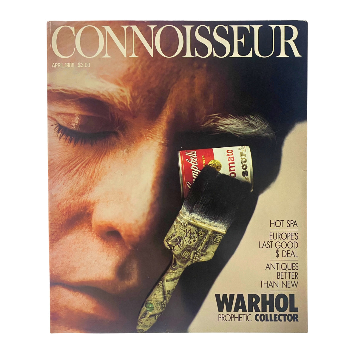 Connoisseur Magazine April 1988 cover featuring Andy Warhol, titled 'Prophetic Collector,' showcasing a dramatic image of a brush and a Campbell's soup can. This vintage magazine is a must-have for art and culture enthusiasts.