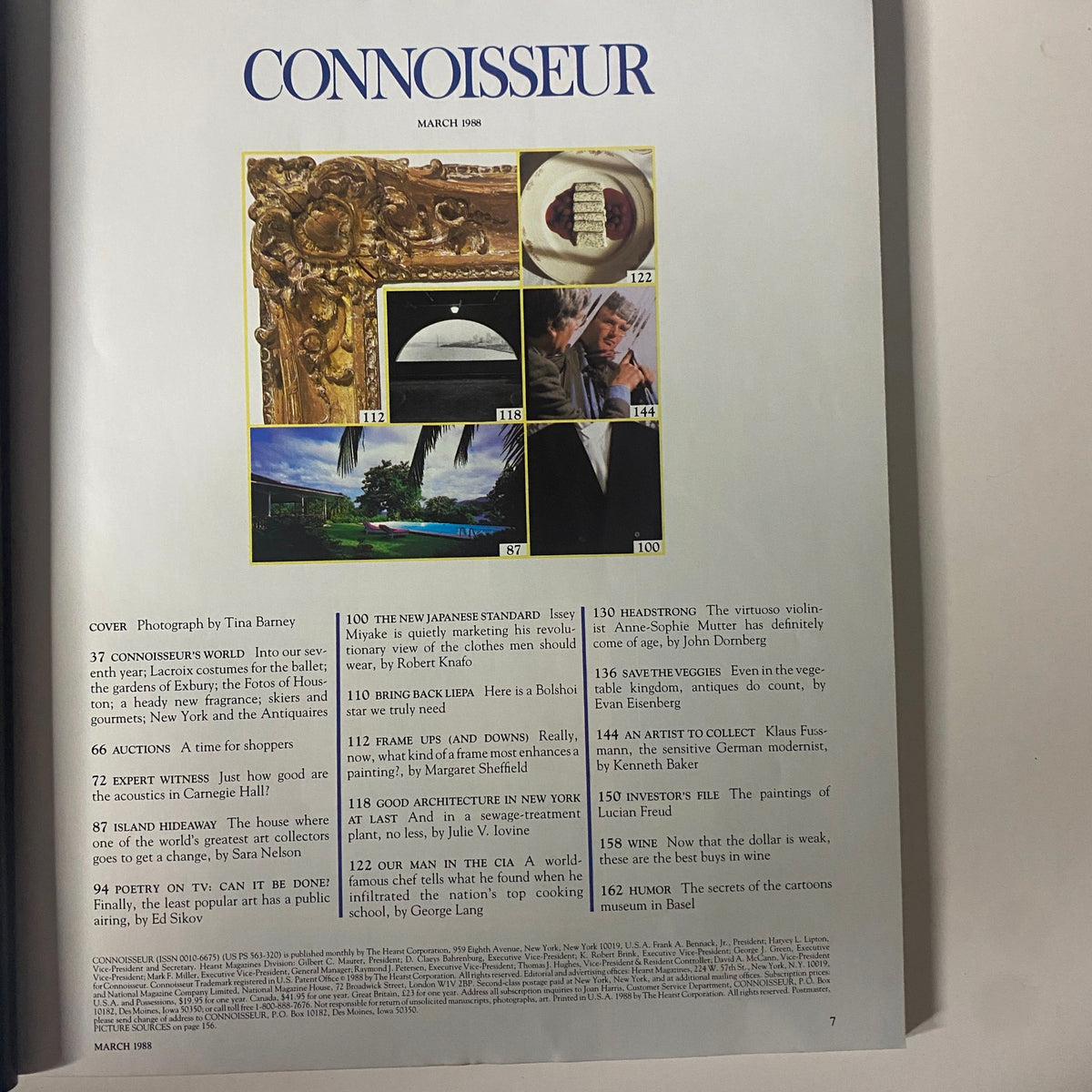 Connoisseur Magazine March 1988 cover showcasing 'The New Savile Row by Issey Miyake', with a collage of images and articles highlighting fashion and culture.
