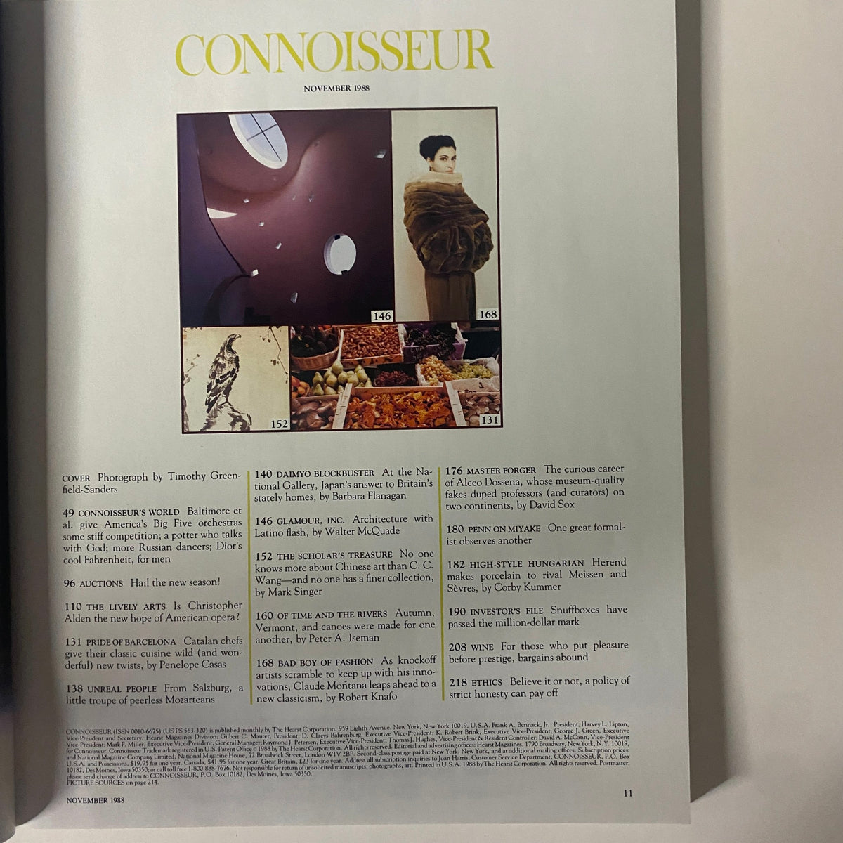 Table of contents page from Connoisseur Magazine November 1988, detailing articles on art, culture, and features including a profile on C.C. Wang.