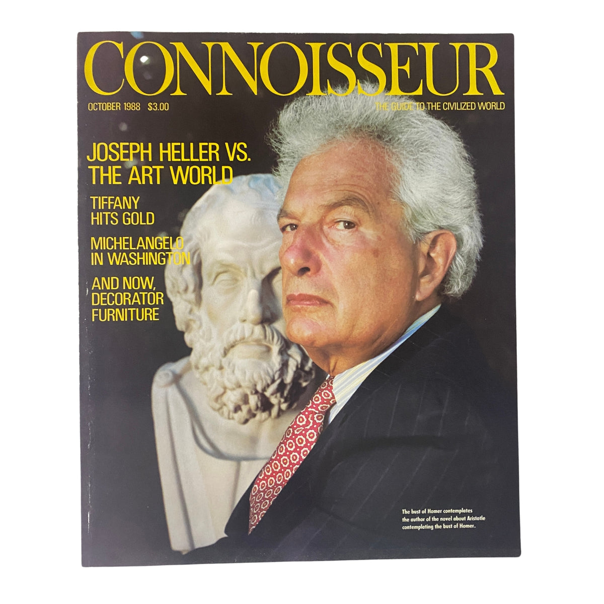 Cover of Connoisseur Magazine, October 1988 featuring Joseph Heller vs The Art World with an iconic portrait and classical sculpture. Perfect for collectors of vintage literature and art magazines.