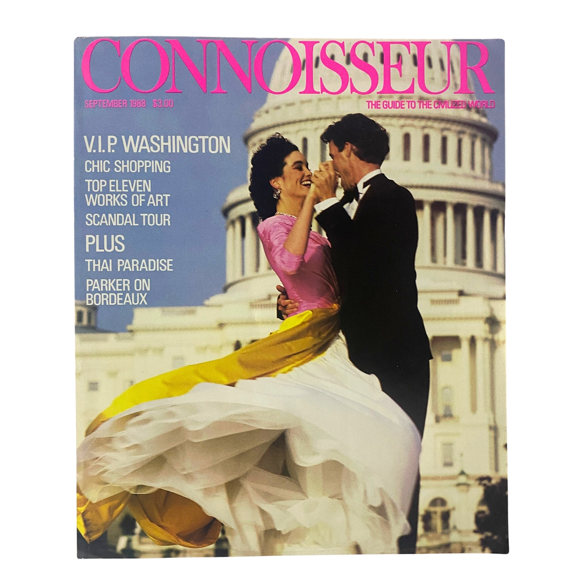 Cover of Connoisseur Magazine, September 1988 titled 'The Guide to the Civilized World', featuring a couple dancing in front of the United States Capitol.