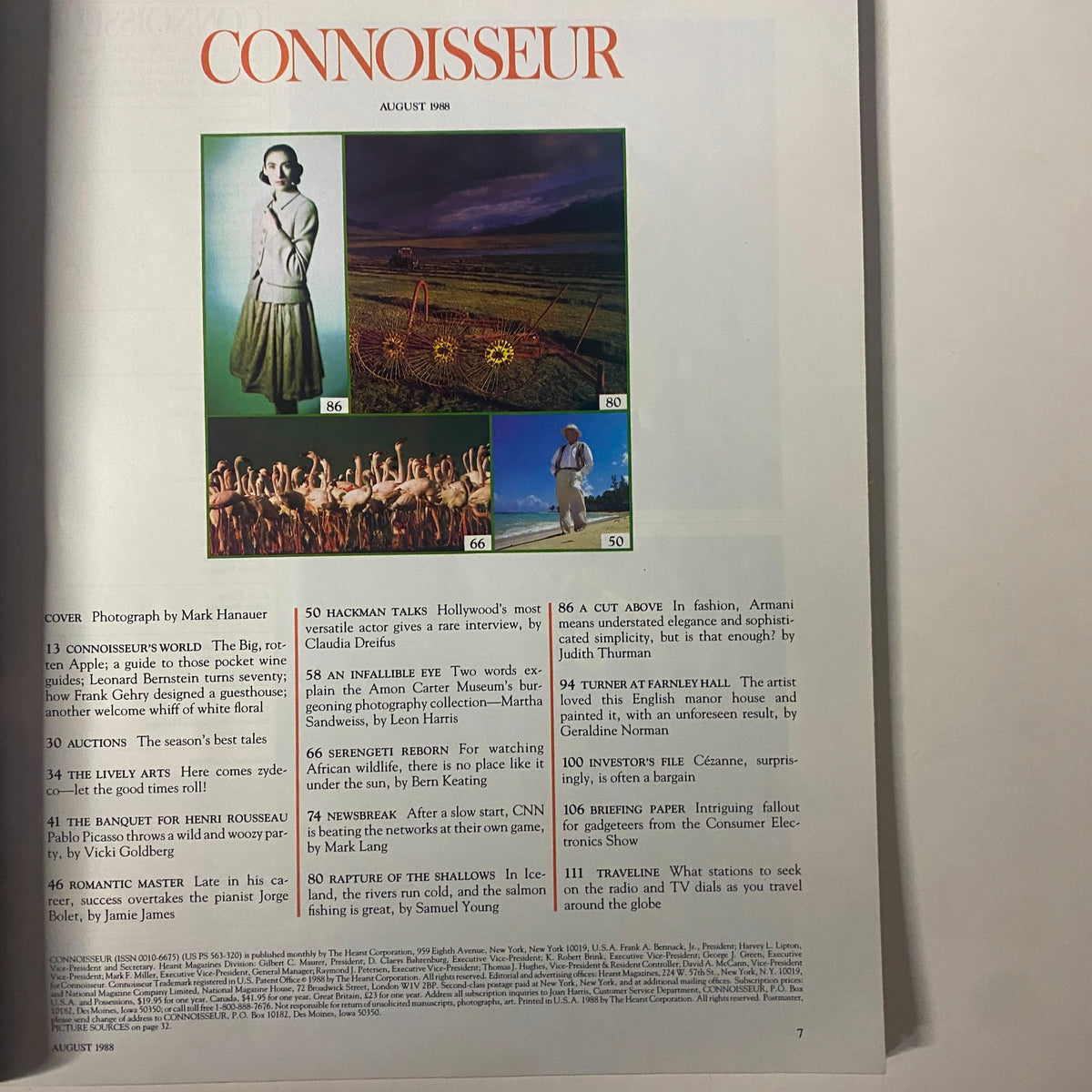 Table of contents page from Connoisseur Magazine August 1988, listing features including an interview with Gene Hackman and articles on art and culture.