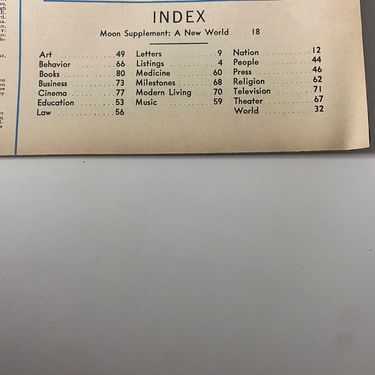 Index page of Time Magazine's July 18, 1969 issue featuring 'To The Moon' special supplement, listing various articles and topics covered in the publication.