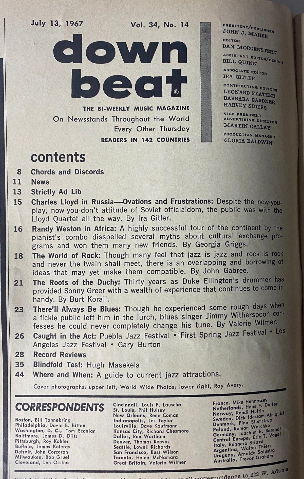 Down Beat Magazine July 13, 1967 cover featuring contents about jazz musicians and cultural insights, showcasing articles on Charles Lloyd and Randy Weston.