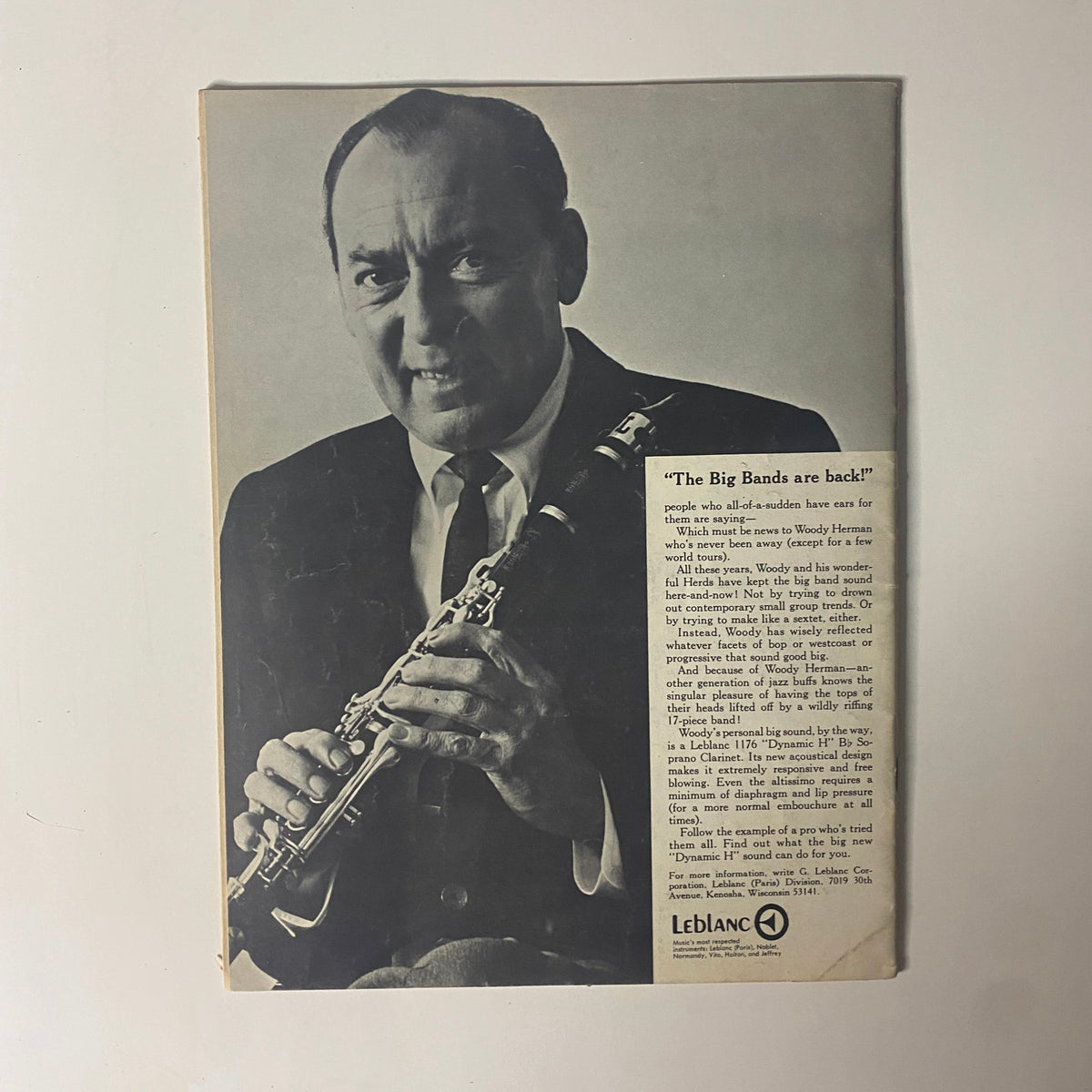 Back cover of Down Beat Magazine July 13, 1967 featuring an advertisement for LeBlanc musical instruments with a portrait of musician Woody Herman endorsing the brand.