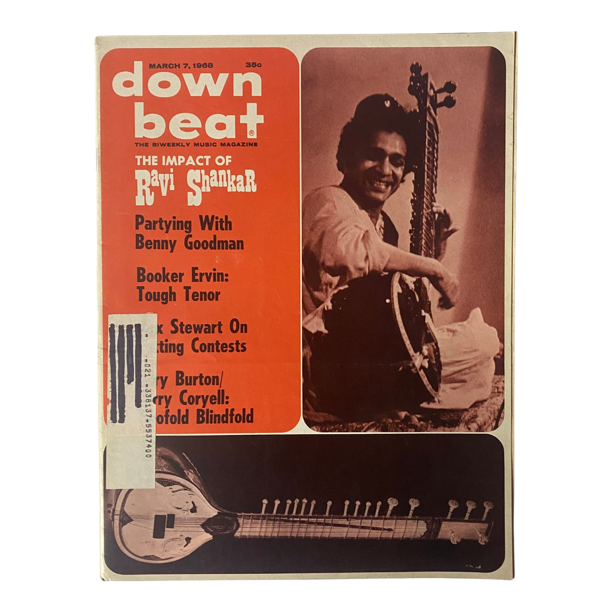 Cover of Down Beat Magazine March 7, 1968 featuring The Impact of Ravi Shankar, showcasing Ravi Shankar with a sitar, alongside highlights on Benny Goodman and Booker Ervin.