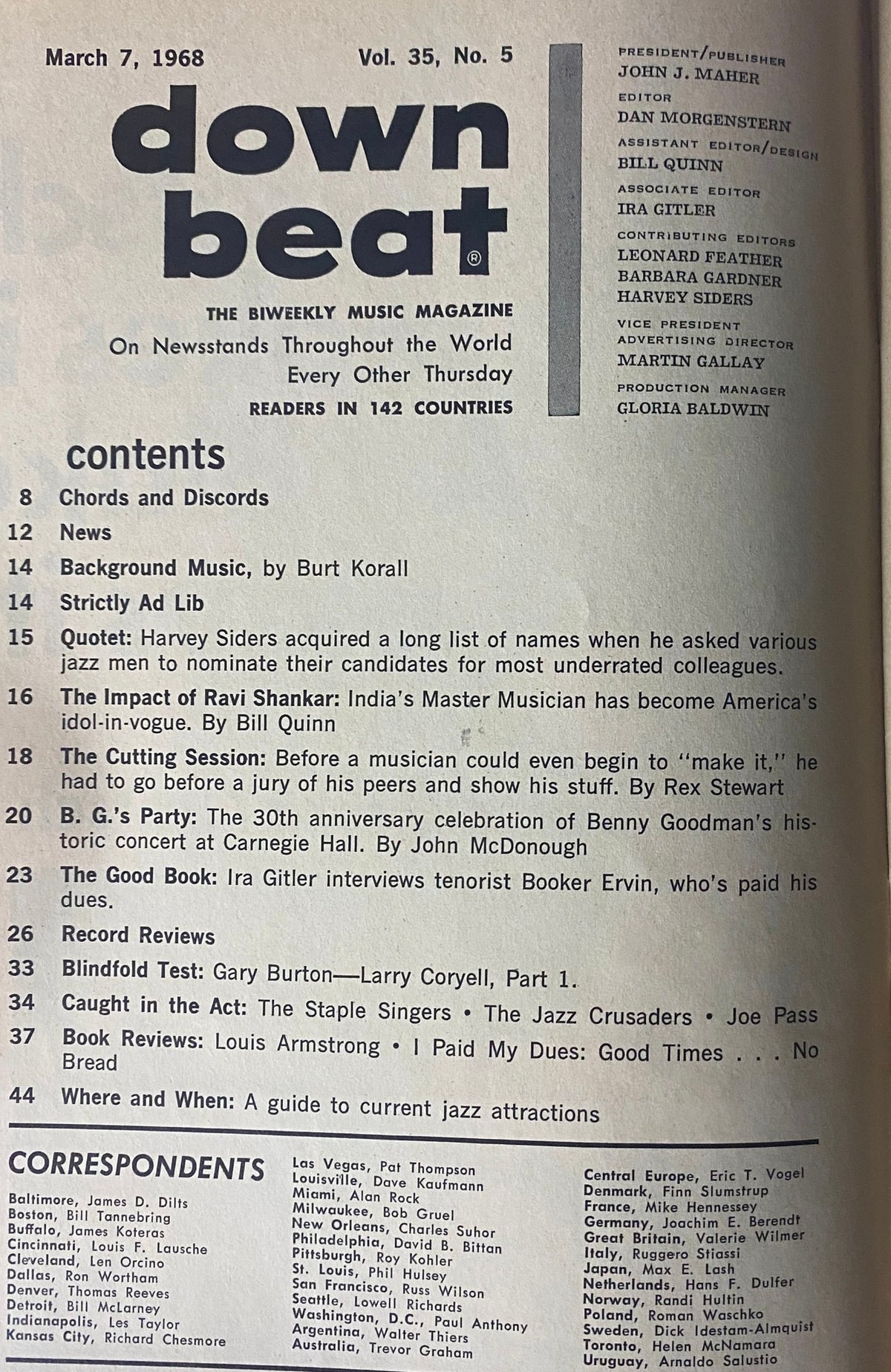 Table of contents from Down Beat Magazine March 7, 1968 outlining articles and features, including The Impact of Ravi Shankar and B. G.'s Party.