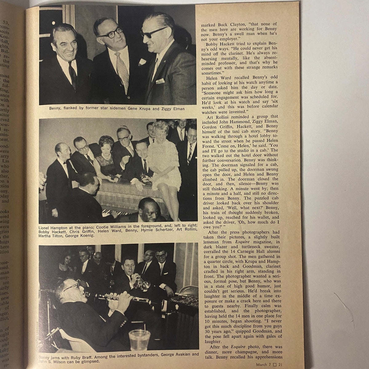 Article in Down Beat Magazine March 7, 1968 discussing Benny Goodman's musical legacy, featuring photographs of Goodman with notable musicians.