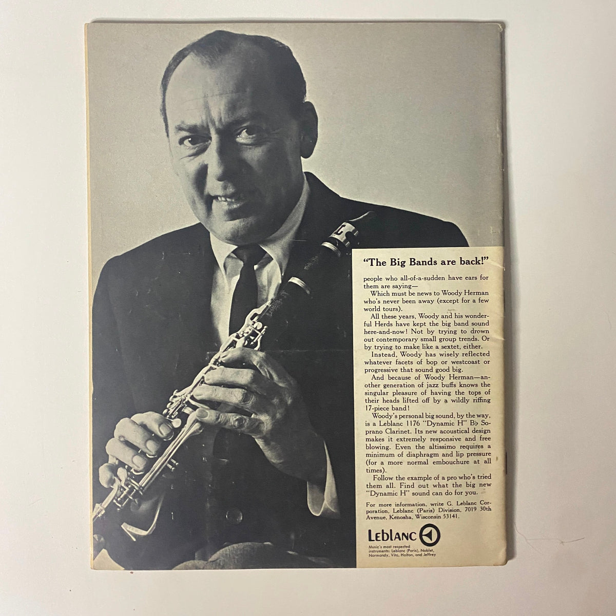 Back cover of Down Beat Magazine March 7, 1968, displaying an advertisement featuring Woody Herman discussing the return of Big Bands in jazz.