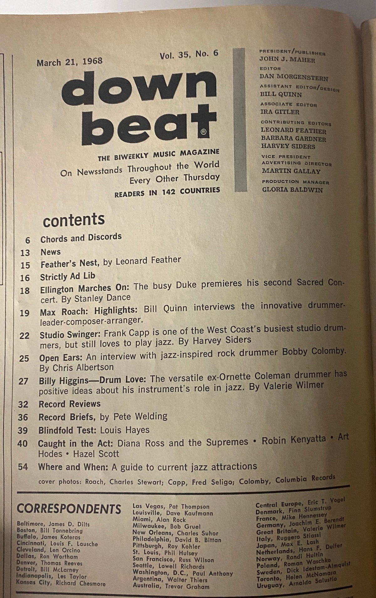 Down Beat Magazine March 21, 1968 cover featuring the table of contents, highlighting articles on jazz legends including Max Roach, Frank Capp, and Bobby Colomby.