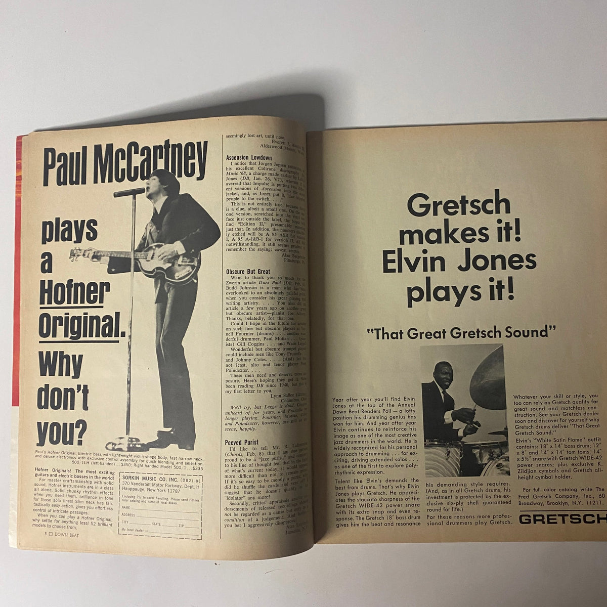 Inside page of Down Beat Magazine March 21, 1968 showcasing Paul McCartney and an advertisement for Gretsch drums featuring Elvin Jones.