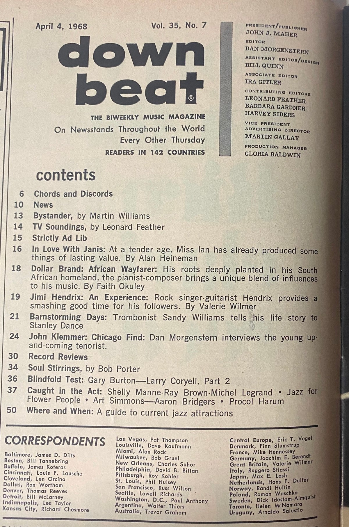 Contents page of Down Beat Magazine dated April 4, 1968, listing articles including 'In Love with Janis Ian', interview with Jimi Hendrix, and features on Dollar Brand.