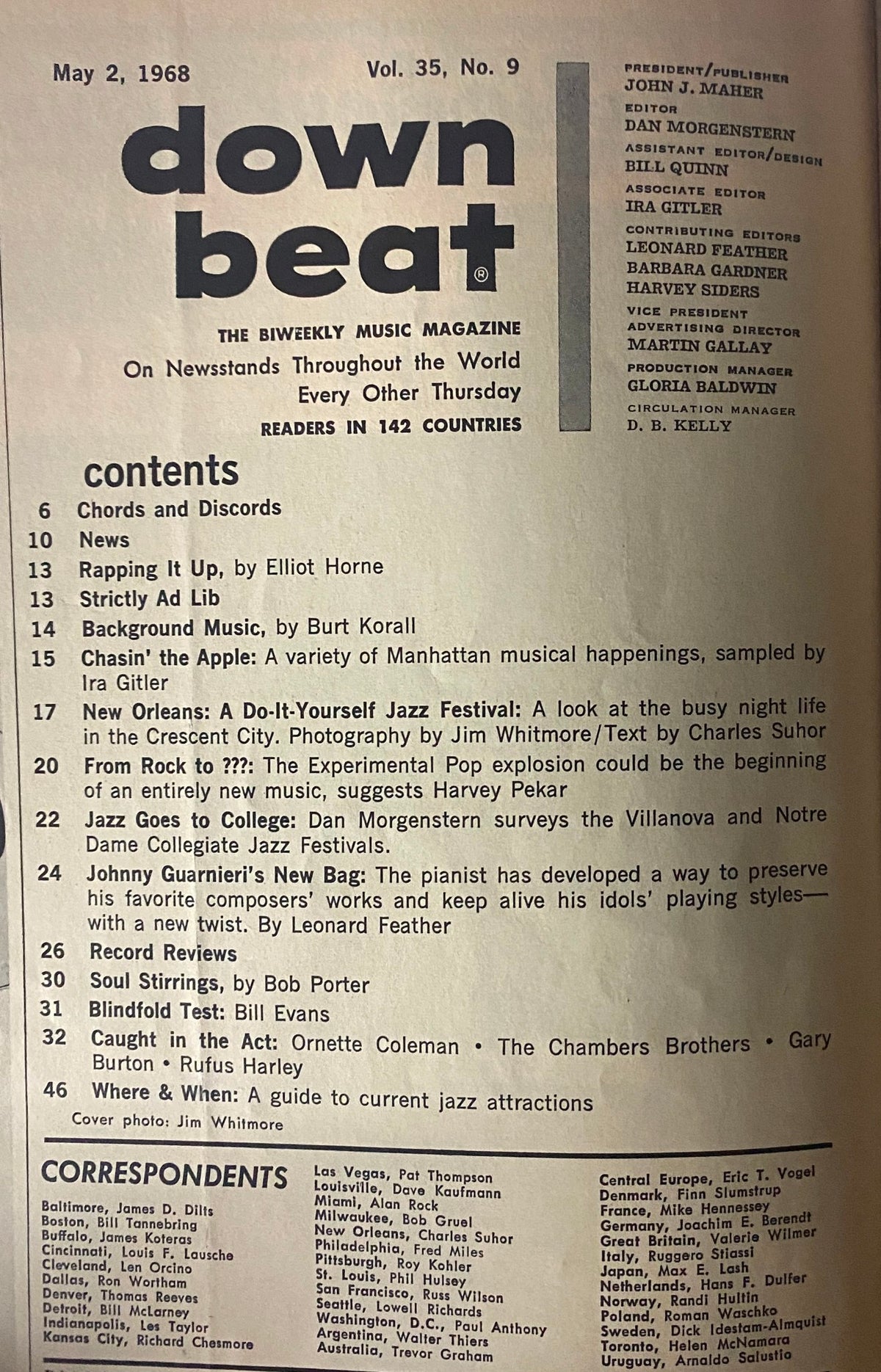 Inside contents page of Down Beat Magazine, May 2, 1968, Vol 35 No. 9, listing articles and features relevant to jazz music.