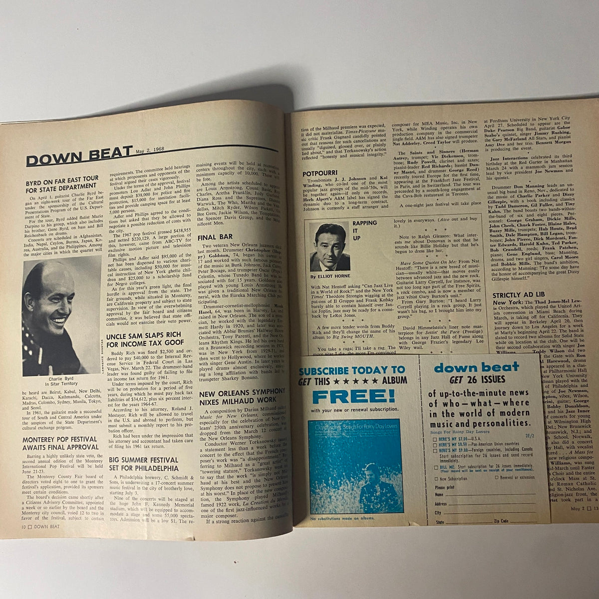 Article spread from Down Beat Magazine, May 2, 1968, Vol 35 No. 9, discussing jazz events and highlights of the music industry.