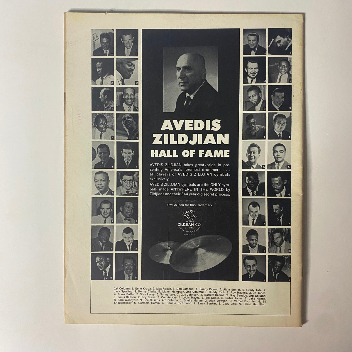 Advertisement from Down Beat Magazine May 16, 1968, for Avedis Zildjian Hall of Fame, celebrating prominent drummers associated with Zildjian cymbals.
