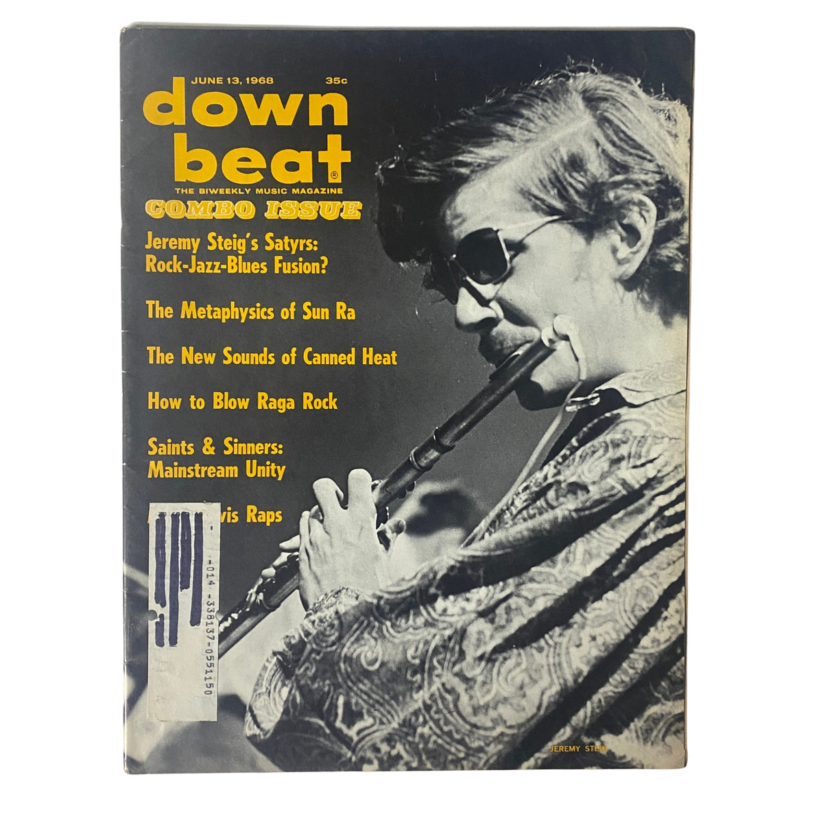 Cover of Down Beat Magazine June 13, 1968 featuring Jeremy Steig on the flute, highlighting rock-jazz-blues fusion and articles on Sun Ra and Canned Heat.