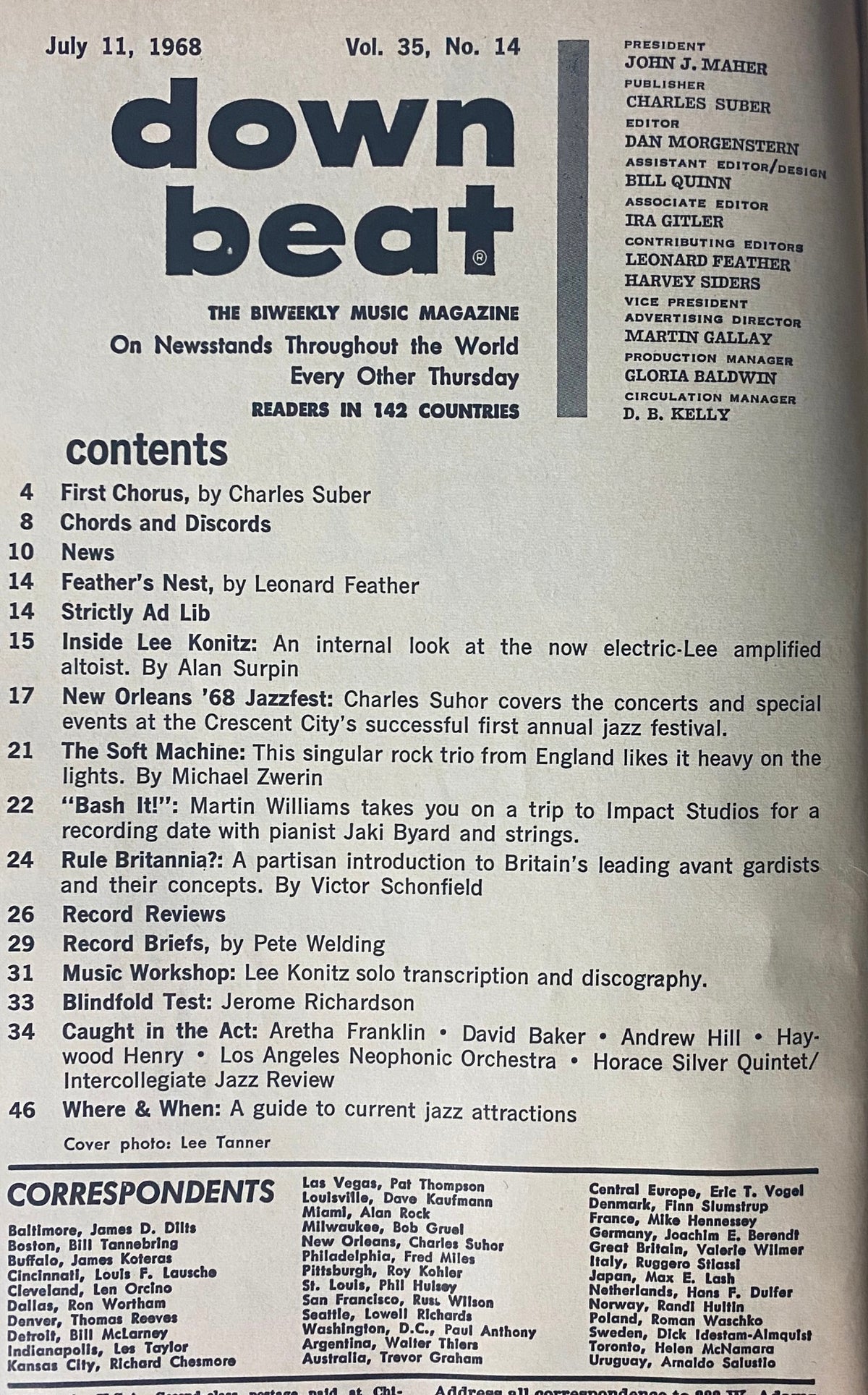 Table of contents from Down Beat Magazine, July 11, 1968, detailing articles including 'Inside Lee Konitz' and coverage of the New Orleans Jazz Festival.