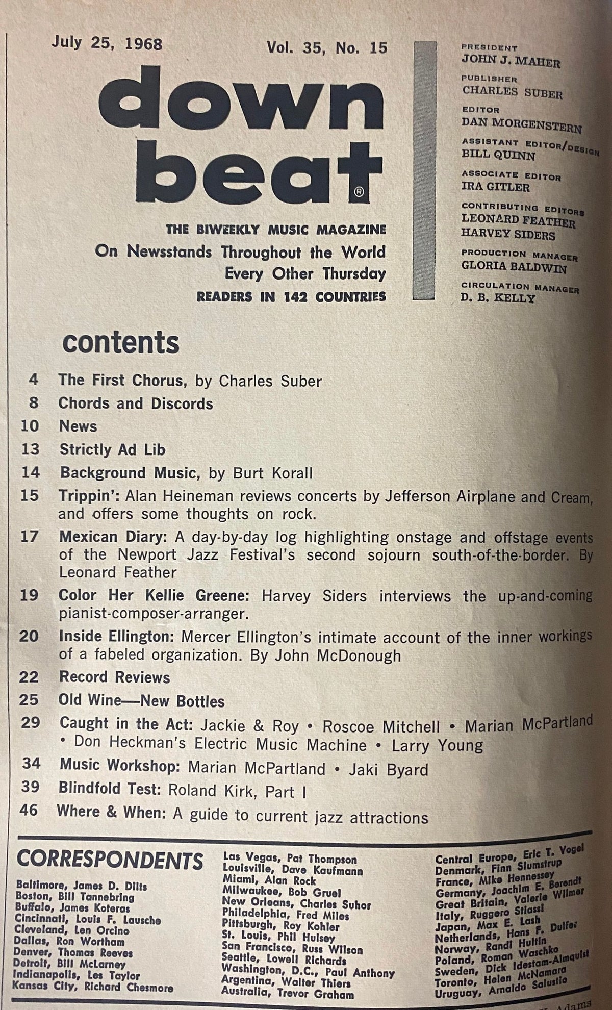Contents page of Down Beat Magazine July 25, 1968, detailing articles about music including features on Jefferson Airplane and Mercer Ellington, illustrating the magazine's focus on rock and jazz genres.