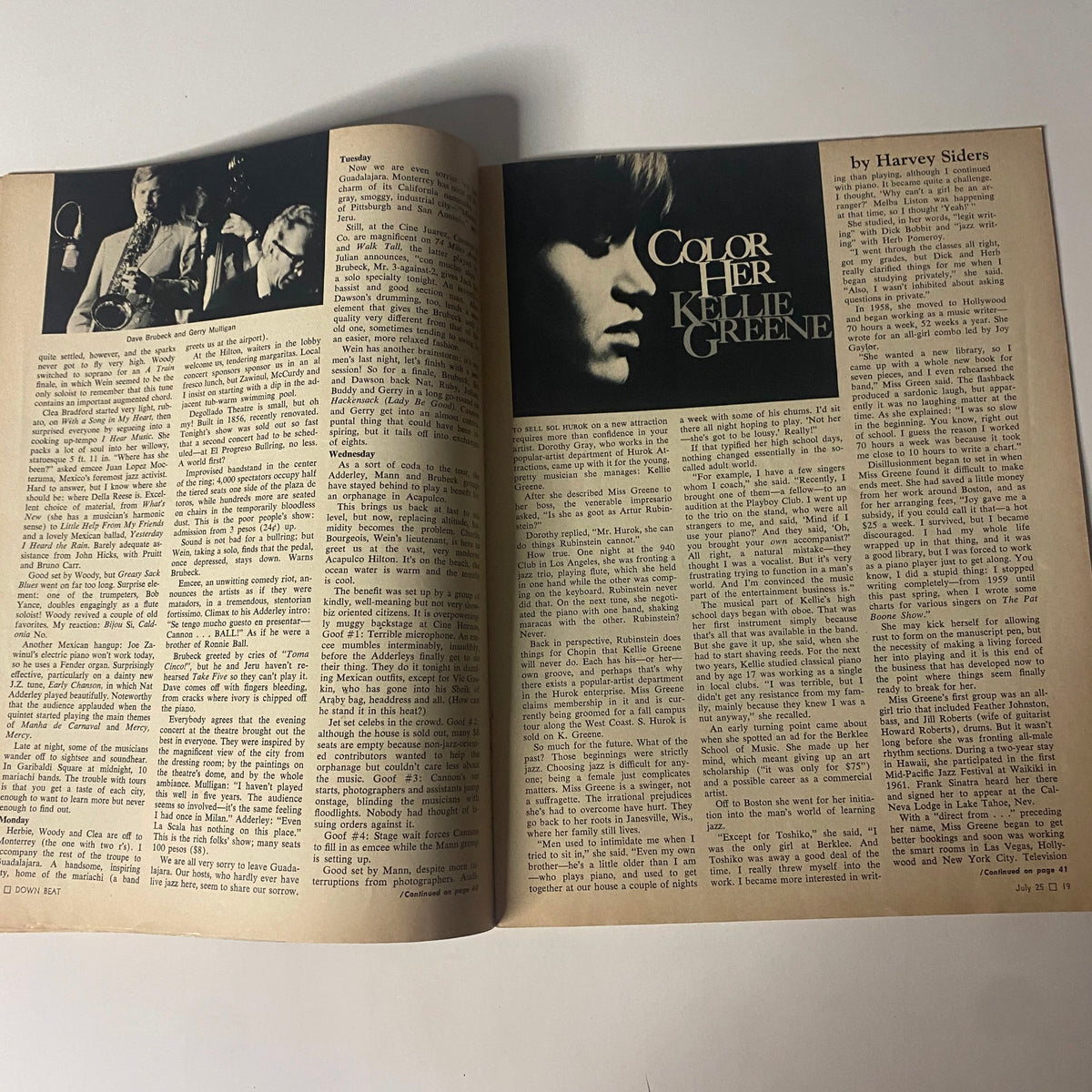 An article page from Down Beat Magazine July 25, 1968, featuring 'Color Her Kellie Greene' by Harvey Siders, discussing the emerging talents in the jazz scene during the late 1960s.