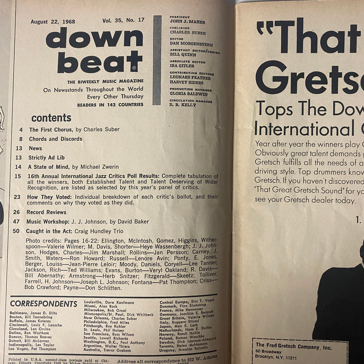 Contents page of Down Beat Magazine, August 22, 1968, featuring the 16th Annual International Jazz Critics Poll with articles and music reviews.
