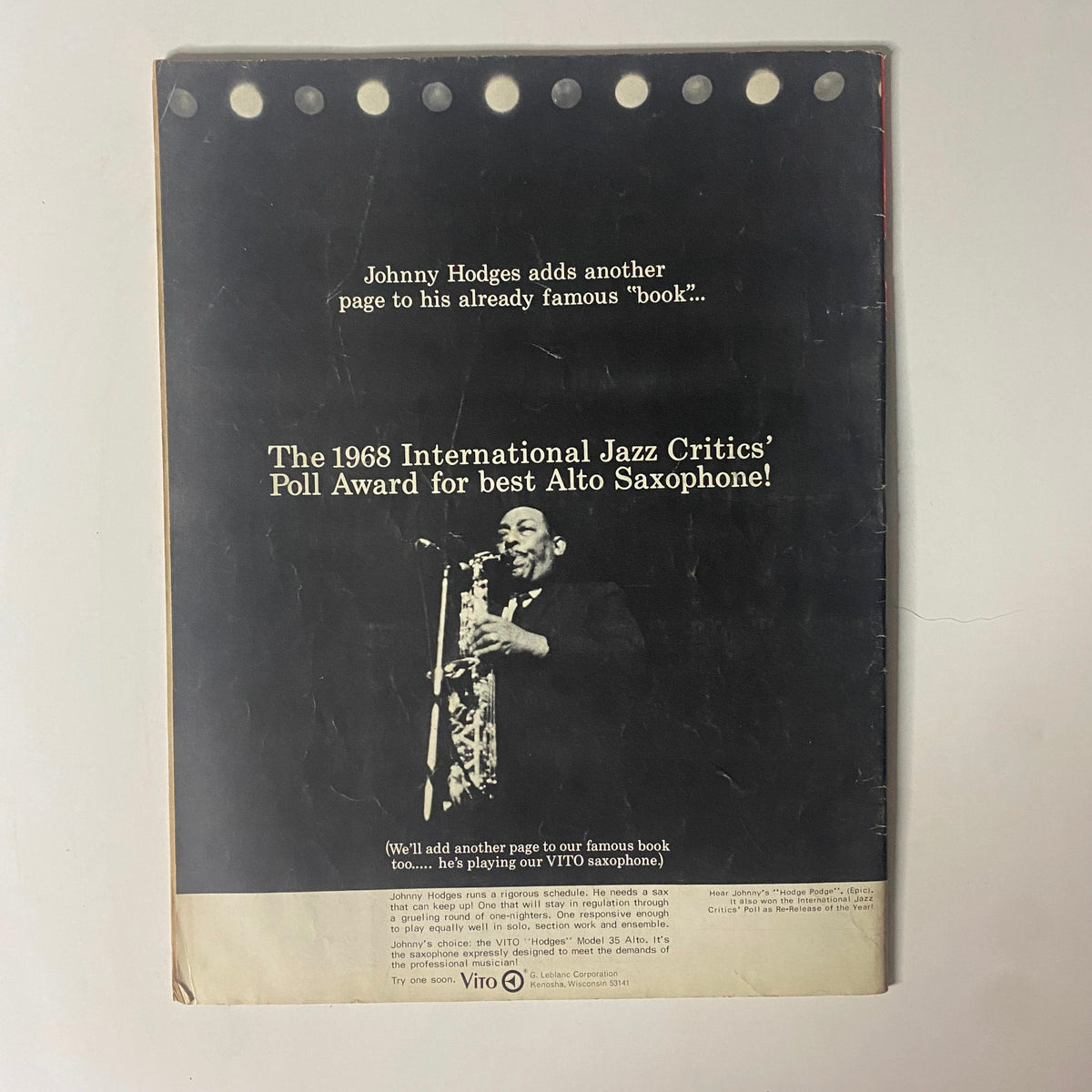 Back cover of Down Beat Magazine, August 22, 1968, featuring an ad for Johnny Hodges' International Jazz Critics' Poll Award for best Alto Saxophone.