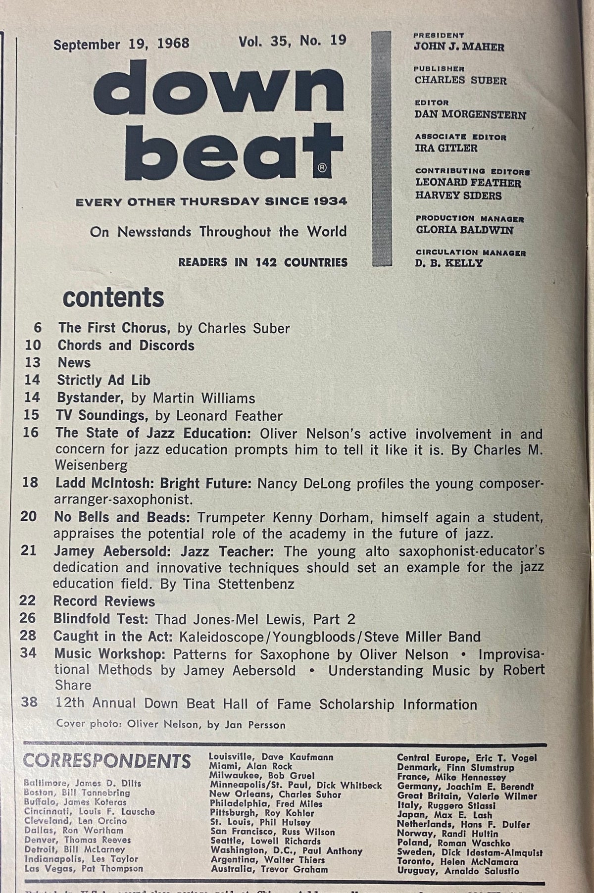 Contents page of Down Beat Magazine, September 19, 1968, showcasing articles and features on jazz including Oliver Nelson's insights on jazz education.