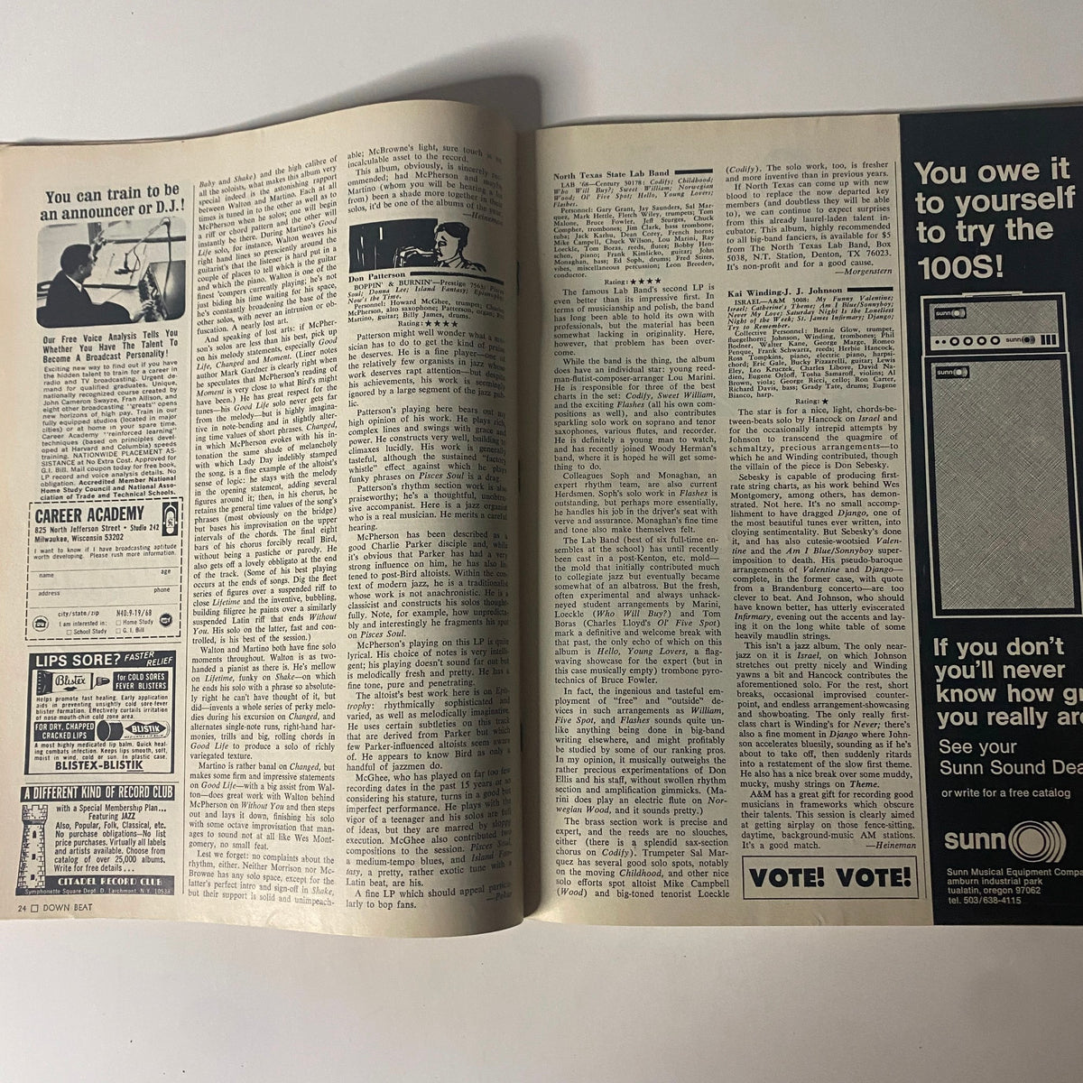 Interior spread of Down Beat Magazine, September 19, 1968, discussing various aspects of jazz music, focusing on jazz education and notable musicians.